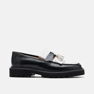 Journey Black/White Leather Lug Tassel Loafer