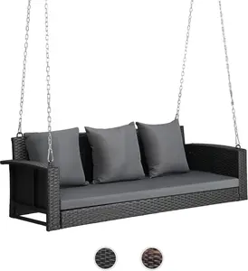 VINGLI Heavy Duty 800 LBS Wicker Hanging Porch Swing with Cushions & Chains, 5FT Outdoor Rattan Swing Bench for Garden, Yard, Lawn (Black)