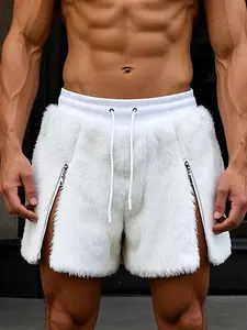 Men's Solid Drawstring Plush Dual-Zip Shorts, Casual Loungewear Comfy Elastic Waist Shorts for Summer, Streetwear Fashion Menswear Men's Bottoms for Daily Wear