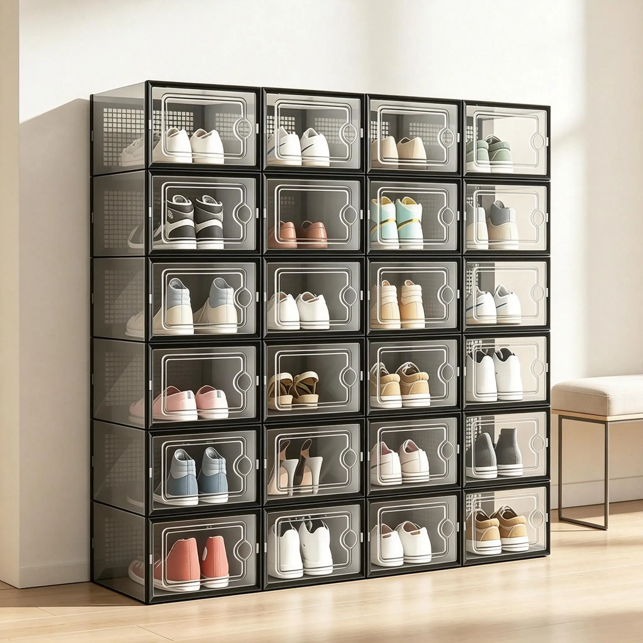 Clear Stackable Shoe Boxes Foldable Plastic Shoe Organizer Storage Bins Dustproof Display Case Sneaker Heels Closet Space Saving Containers 13.4x10.2x6.7in Wardrobe Organization Transparent Shoe Box Storage box