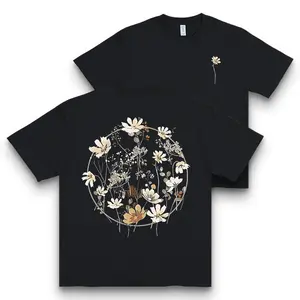 Women's Floral Print T-Shirt - Daisy Pattern Short Sleeve Round Neck Casual Top, Breathable Summer Spring Tee, Machine Washable, Ladies T Shirts, Relaxed Fit, Trendy Top, Soft Texture, Printed Shirt, Casual Attire, Seasonal Clothing Black Sweatshirt