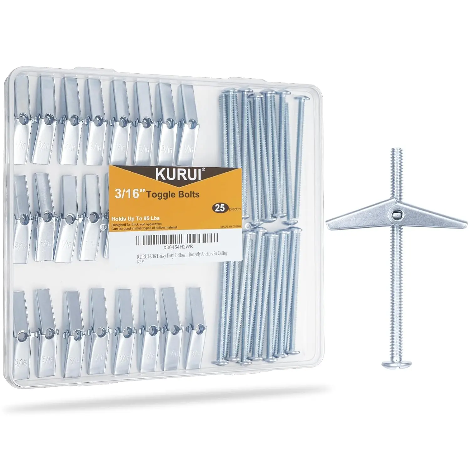 3/16 inches Heavy Duty Metal Toggle Bolts Kit - 25 Pieces Butterfly Type Anchors with Bolts, Ceiling Mount Drywall Anchors for Sheetrock, Hollow Walls