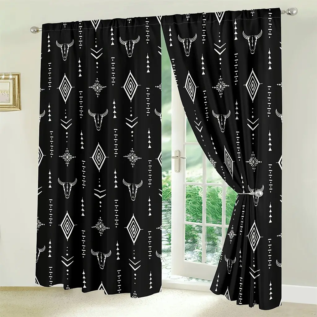 2Pcs Western Curtains, Rustic Retro Bull Skull Southwest Farmhouse Rural County Cowboy Boho Beige Western Window Drape Treatments For Bedroom Living Room Kitchen,Summervibes