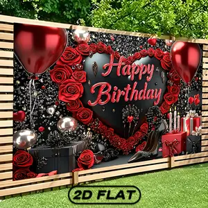 2D FLAT, Elegant Black And Red Happy Birthday - Photography Backdrop - Photographic Cloth, Outdoor And Indoor Party Banners, Background with Festive Elements for Holiday Decorations, Photo Studio