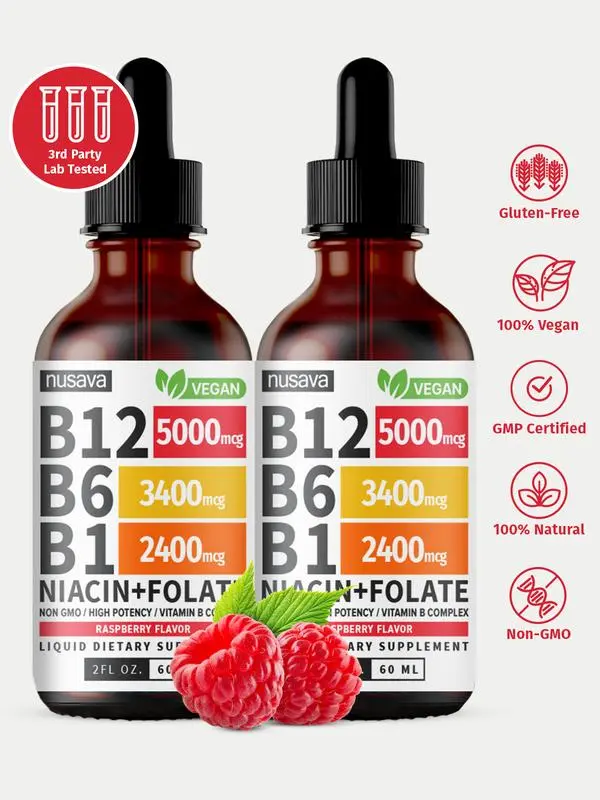 (2-PACK) Vitamin B12 Liquid Supplement Drops with B6, B1, Niacin & Folate - Edible Support for Energy, Brain & Heart, Non-GMO & Gluten-Free, 4 Fl Oz Fitness Dietary