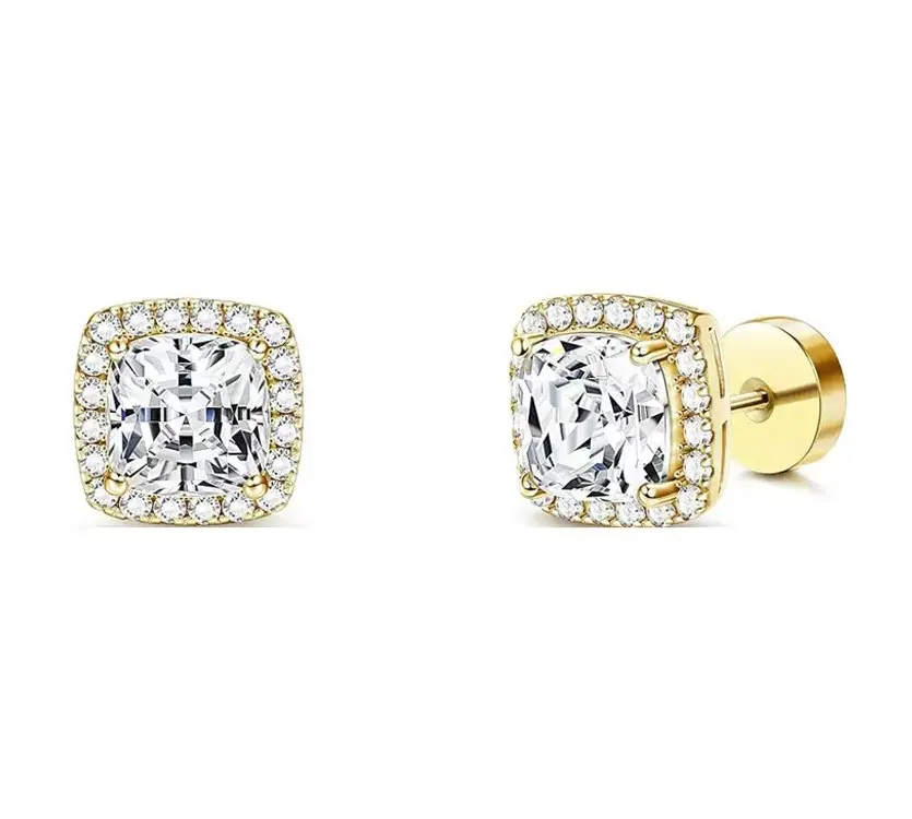 Unisex No Ear Piercing Stud Earrings 14k Real Gold Plated Earrings for Women Hip Hop AAAAA + Cubic Zirconia Earrings for Men