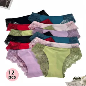 Pack of 12 women’s seamless low-rise lace triangle panties — floral pattern, comfortable close fit that enhances curves, suitable for everyday wear and dates; women’s casual underwear, women’s panties, women’s shapewear; comfortable and breathable; spring