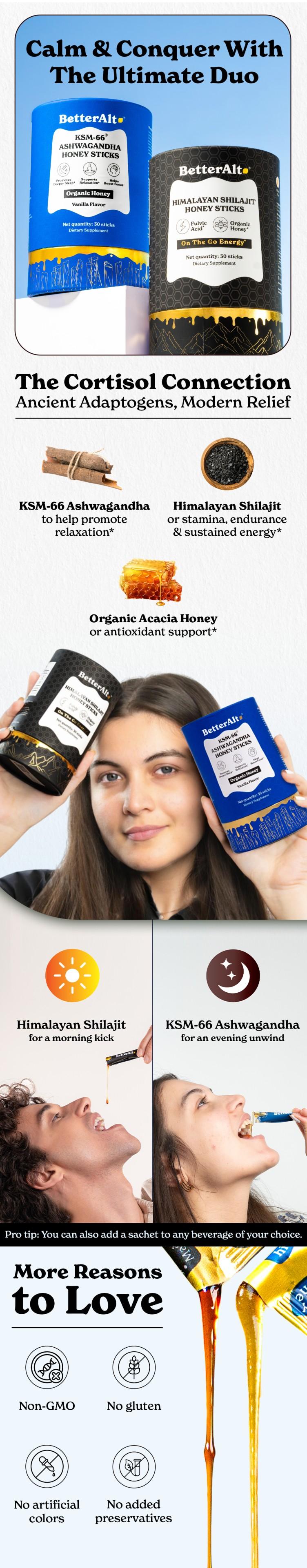BetterAlt Cortisol Reducer Duo | GOLD+ Shilajit Honey Sticks & KSM-66 Ashwagandha Honey Sticks | Dietary Supplement for Energy & Focus | 60 Sticks