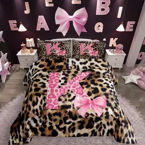 Leopard Print Comforter Set All Season Initial K Bedding Set s Bowknot Alphabet Microfiber Kids Bedclothes Cheetah Skin Bedroom Decor Duvet Quilt Breathable