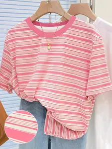 Women's Striped Casual Knit T-Shirt, Fitted Style, All Seasons Wear, Trendy Street Fashion, Comfortable & Stylish Design