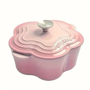 2.1QT Unique Pink Petal Shape Cast Iron Dutch Oven Pan - Enamel Coated, Double Handle, Multi-Purpose Cookware for Baking Bread, Cooking, Roasting, Braising, and Slow Cooking - Durable, Easy to Clean, Heat Retention, Versatile, and Perfect for Home Kitchen