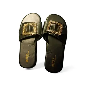 H&K Elegant Black Buckle Slide Sandals with Gold Glitter Detail – Chic Comfort & Style for Women Flat Weight Walking Shoes