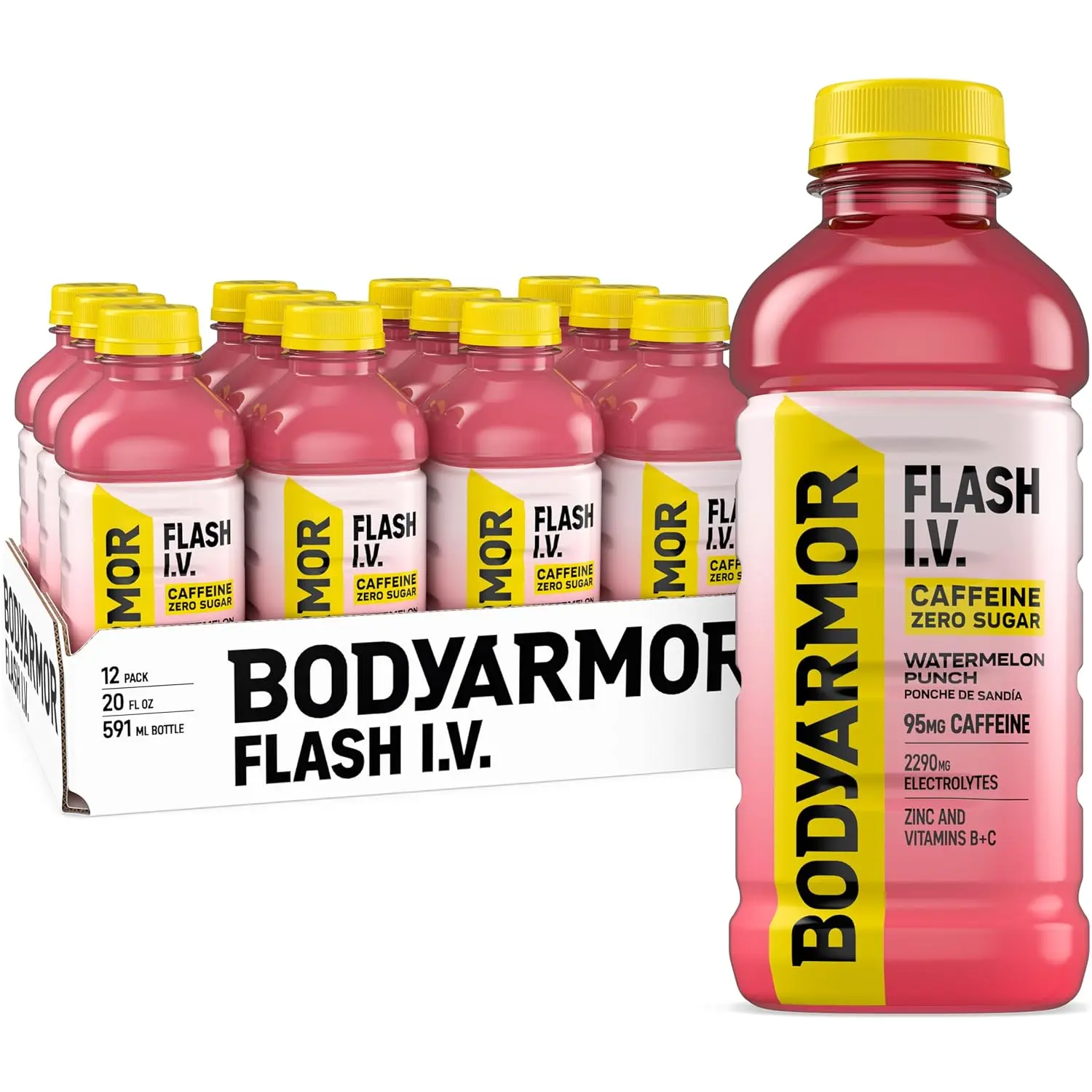 BODYARMOR Flash IV Caffeine + Zero Sugar Drink, Watermelon, 20 Oz (12 Pk) | Sugar-free Ready-to-Drink Electrolyte Drink + 95mg Caffeine, Rapid Rehydration, 2,290mg Electrolytes, Zinc & Vitamins B + C