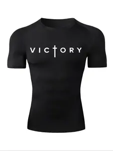 Men's Letter & Cross Print Round Neck Raglan Sleeve Tee, Regular Fit Quick Drying Breathable Short Sleeve T-shirt, Men's Top for Gym Workout Running Workout Rash Guard