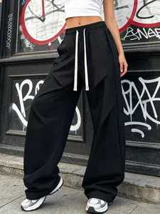 Women's Spring Summer Fall Windproof Waterproof Hiking Pants, American Vintage Pleated Loose Wide Leggings, Pure Color Casual Versatile Straight Long Pants