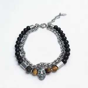 Men Gothic Skull Double Layer Bracelet For Men, Black Onyx Tiger Eye Beaded Chain, Adjustable Punk Streetwear Jewelry Gift for Him&Friends
