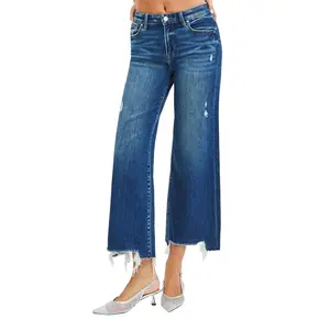 RISEN JEANS Women's Dark Wash Cotton Denim Bottom, Chic High-Rise Cropped Wide-Leg Jeans with Pocket & Uneven Raw Hem #RDP5878