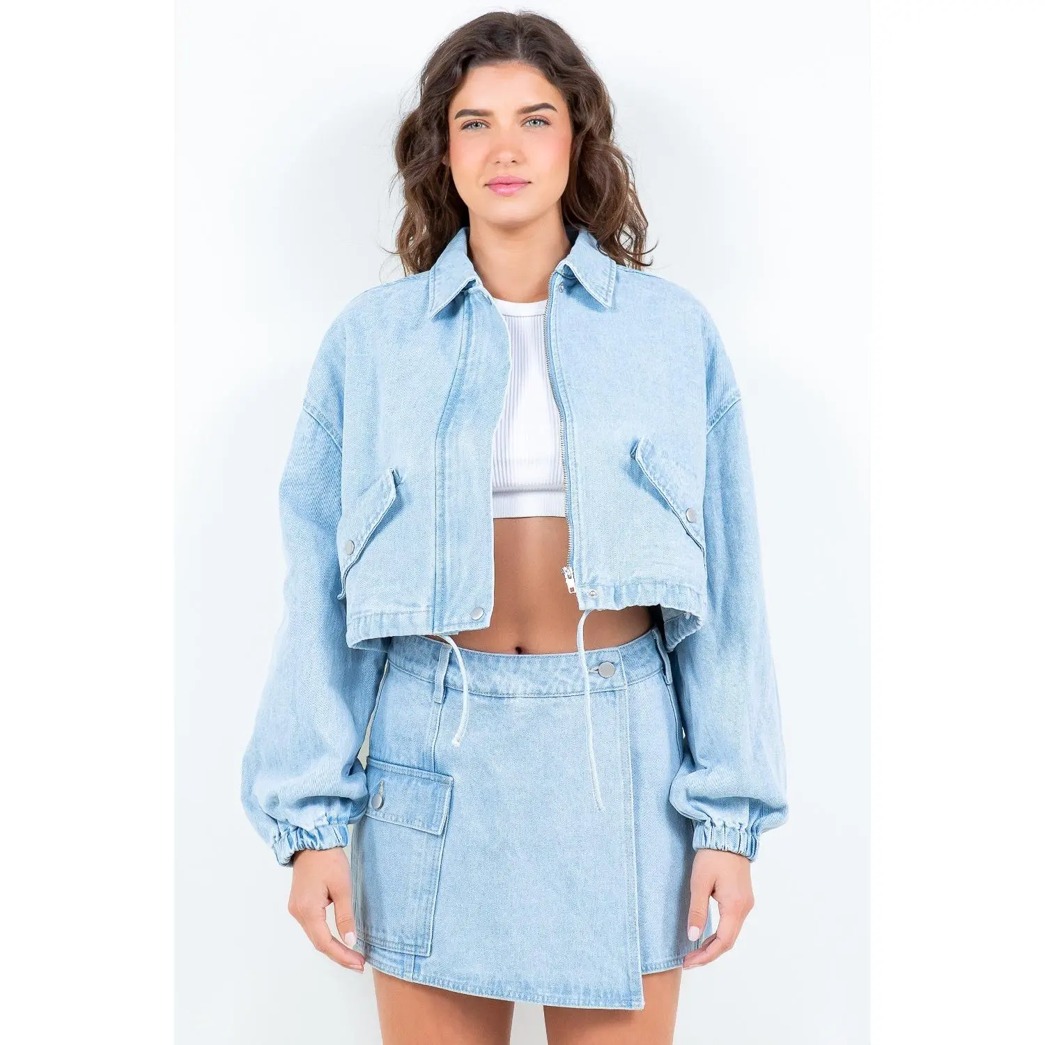 American Bazi Drawstring Waist Crop Denim Jacket | Casual Chic Cropped Womenswear Coats