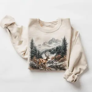 Retro Whitetail Buck Deer Winter Mountain Scene Sweatshirt - Nineties 90s Vintage Deer Nature Lover Outfit - Boho Unisex Cotton