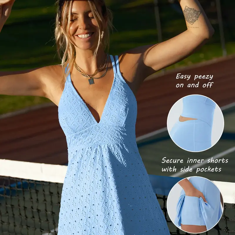 POPVIL Female Fitted Athletic Dress - Textured Stretch Fabric, Criss Cross Back, Built-in Shorts with Pockets, Move-ready Straps, Sleeveless, Above the Knee Tennis Pickleball Sporty Activewear (Athletic Dresses, Tennis Attire)