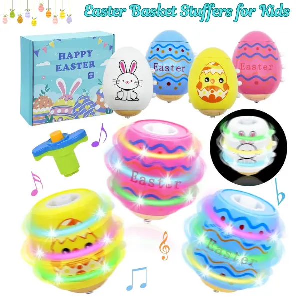 4-Pack Glow-in-the-Dark Glow Flash Spinning Tops - PVC-Free Unisex 3+ Years Easter Themed Developmental Toys for Kids, Party Favors