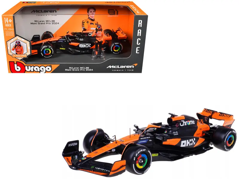 McLaren MCL38 #81 Oscar Piastri "OKX" Formula One F1 "Miami GP" (2024) w/Figure 1/24 Diecast Model Car by Bburago