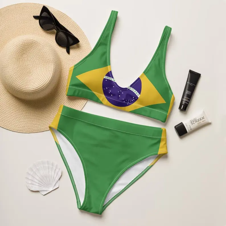 Women 2 Piece Brazil Flag Print Bikini Set High Waist Brazilian Swimsuit Green Yellow Beach Summer Swimwear Copa Soccer Fan Bathing Suit