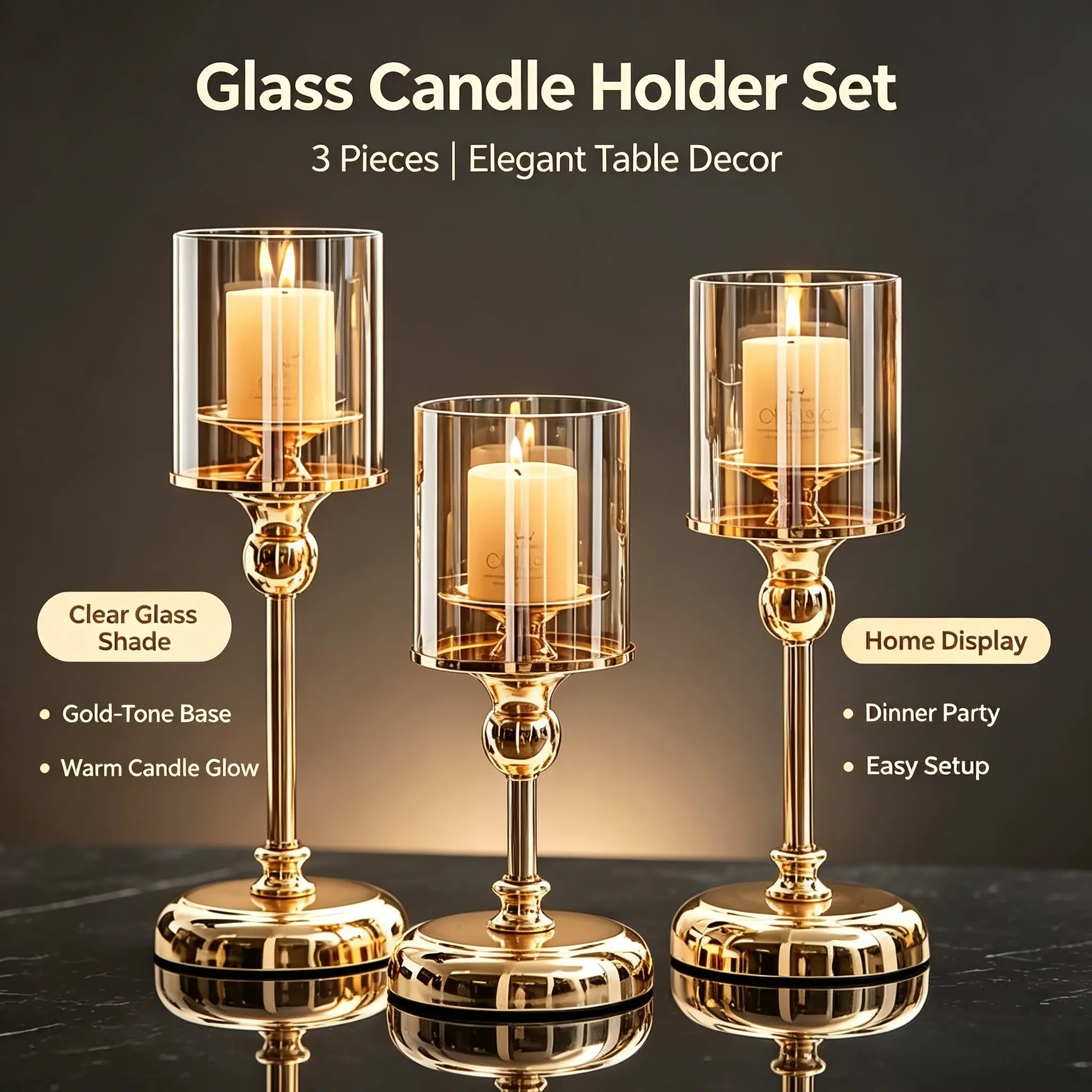 Elegant Gold Glass Hurricane Taper Candle Holders (3/6 Pack) - Windproof Tall Candlestick Holders with Metal Stand, Home Decor for Engagement, Anniversary, Romantic Bedroom Accessories