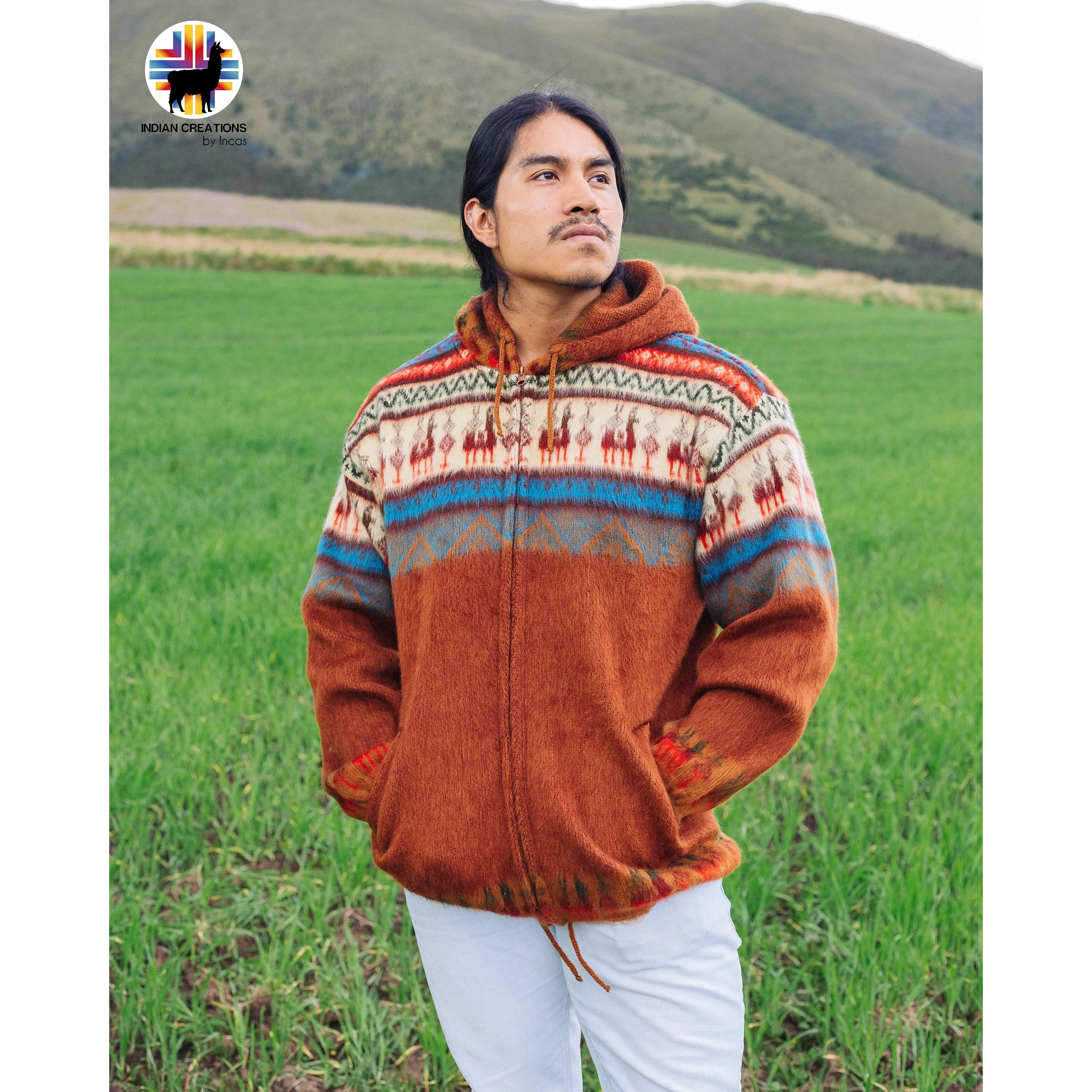 Autumn Fields Alpaca Wool Jackets. Unisex. Handcrafted by Indigenous crafters. Super warm and soft.   Casual Hoodie   Multicolor Traditional