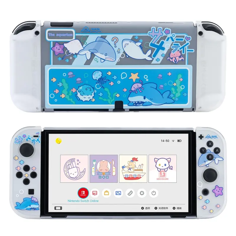 GeekShare Slim Polycarbonate Protective Shell for Nintendo Switch OLED, Switch Lite & Joy-Con - Cute Design, Precise Cutouts, Shock-Absorption, Anti-Scratch, Full Protection, Blue-Shark Party (Clear) Console Accessory