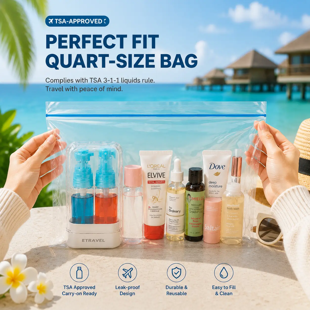 4-in-1 Travel Toiletry Dispenser Leak-Proof Refillable Pump Bottles for Shampoo & Lotion