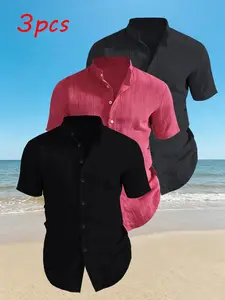3-Pack Men's Summer Short Sleeve Shirts Top, Plain No Print Design, Lightweight Breathable Stand Collar Button Shirt, Ideal for Beach Pool