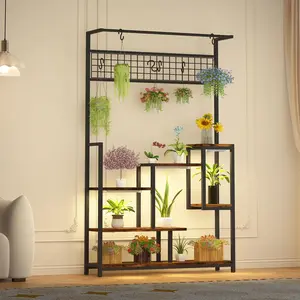 Garvee 7-tier plant shelf with plant lamp – Tall metal plant shelf with hooks for hanging – Versatile flower shelf for large flower pots, bonsais & decorations – Ideal for living room, balcony &