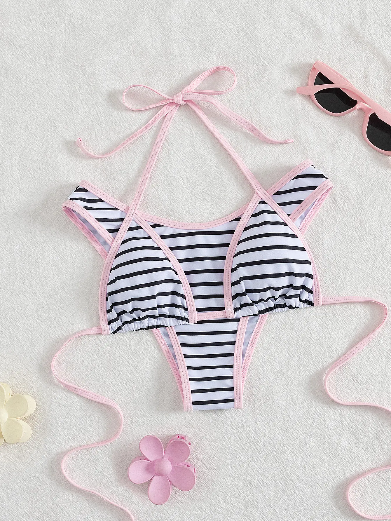 Summer Vibe Alert! Black & White Striped Halter Bikini Swimsuit Set with Pink Trim - Viral Beachwear for Insta-Worthy Photos, Bikinis Sets, Contrast Trim Bikini