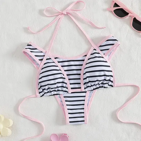 Women's Black & White Classic Stripe Halter Bikini Swimsuit Set - Pink Trim, Insta-Worthy Photos, Beach Outings Swimsuits Bikinis, Includes Top