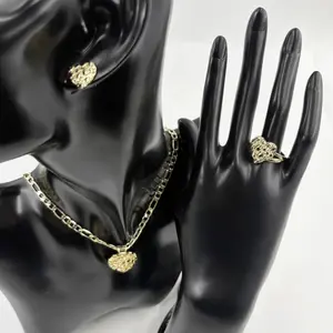 Nugget design Women's Heart Pendant 14K Gold Ring And Earrings Set Hip Hop Punk