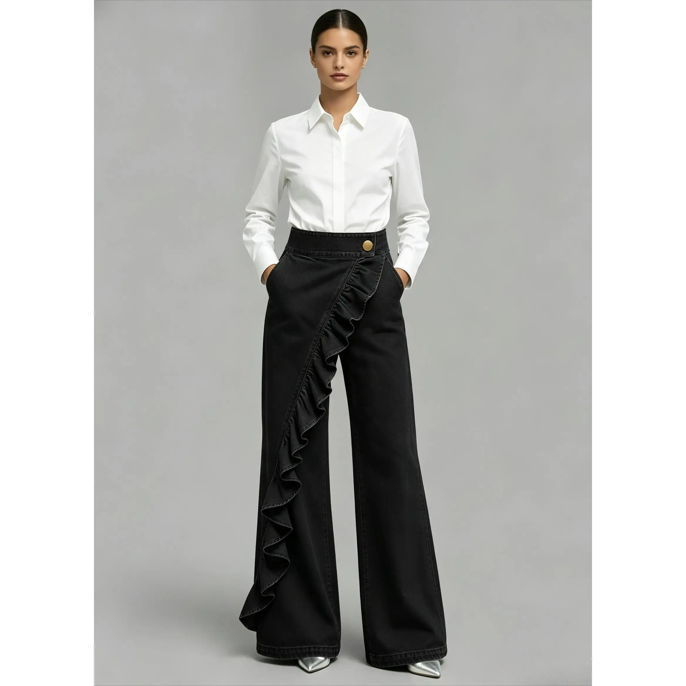 Women Asymmetrical Ruffled Flare Jeans, High Waist Ruffle Trim Wide Leg Denim Pants With Pockets