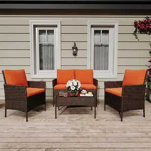 4 Pieces Patio Furniture Set,Outdoor Furniture with Orange Soft Cushions and Coffee Table, All-Weather Rattan Outdoor Patio Set with Seats
