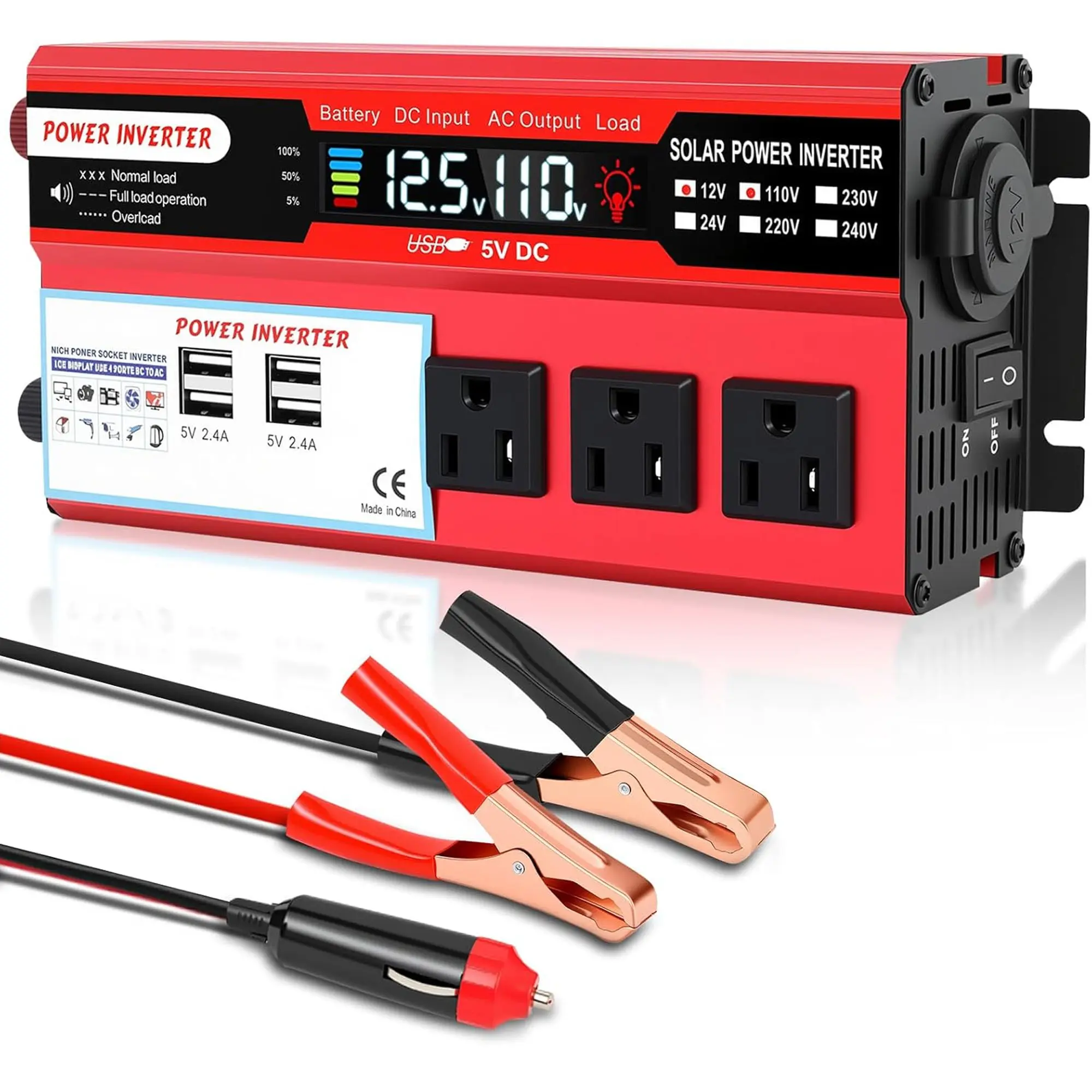 12V to 120V Heavy-Duty 1000W Max Power Inverter (200W & Above) with LCD Screen, 3 AC Sockets, 4 5V 2.4A USB Fast Charging Ports, 60Hz Frequency, Voltage Stab., Compact Multi-Charging Transformer for Camping, Road Trips