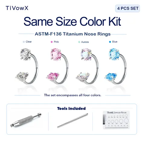 TiVowX Same Size Color Kit, 4PCS 3mm ASTM F136 Real Titanium Skin-Friendly Horseshoe Nose Piercing Rings, 18G/20G & 7mm/8mm Options, Internally Threaded CZ Gems with Tools Included