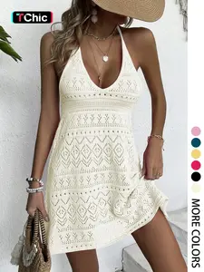 Women's Spring Summer Holiday Casual Halter Backless V-Neck Hollow-Out Knit Dress, Sleeveless Loose-Fitting Beach Vacation Top