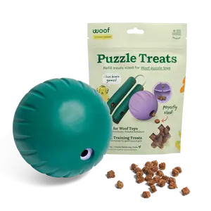 Woof Walkabout and Puzzle Treats Bundle - Enrichment Dog Toys Puzzle and Treat Dispenser - Includes Woof Chicken Puzzle Treats - Adjustable Difficulty - Durable Rubber - Easy to Clean