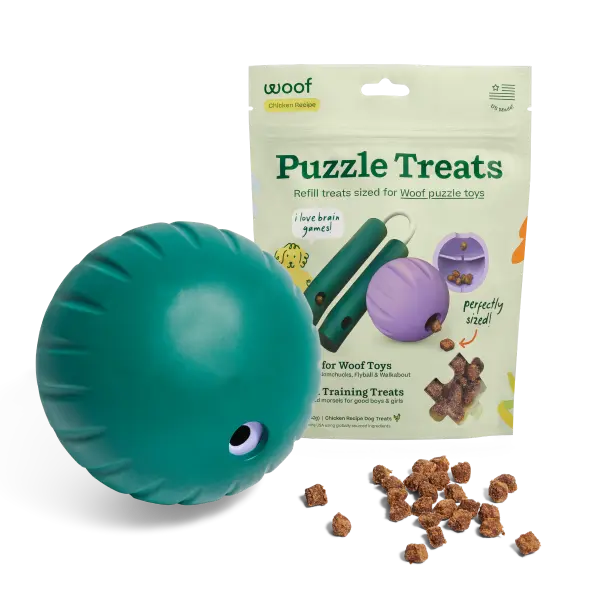 Woof Walkabout and Puzzle Treats Bundle - Enrichment Dog Toys Puzzle and Treat Dispenser - Includes Woof Chicken Puzzle Treats - Adjustable Difficulty - Durable Rubber - Easy to Clean