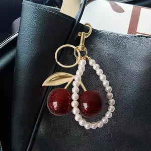 Cute Black/Red Color Cherry Keychain Sparkling Resin Hanging Pendant Keychain Bag Decoration Charm