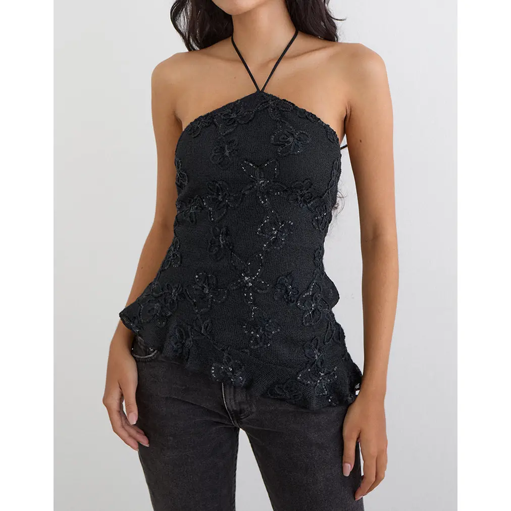 Argeila Halter Top in Sequin Knit Black