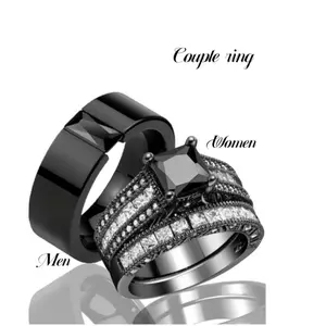 His and Hers Black Couple Ring Set with Square Black Stone, Elegant Engagement & Wedding Bands, Unique Matching Jewellery Gift for Lovers