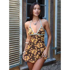 Mishie Halter Mini Dress Brown / Blue Floral