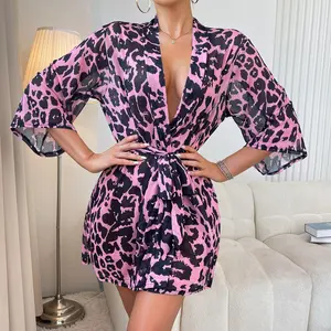 Fashion Home Clothes Pajamas Comfortable Bathrobe Women's Leopard Print Nightgown Light Luxury Set with Robe Belt & Underwear