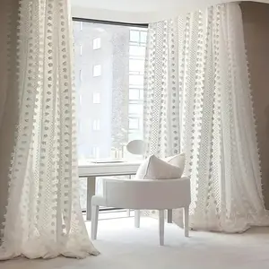2 Panels White Sheer Curtains Pom Pom Window Drapes for Living Room Bedroom,Rod Pocket,63 84 95 108 inch Length Interior Decoration Accessories
