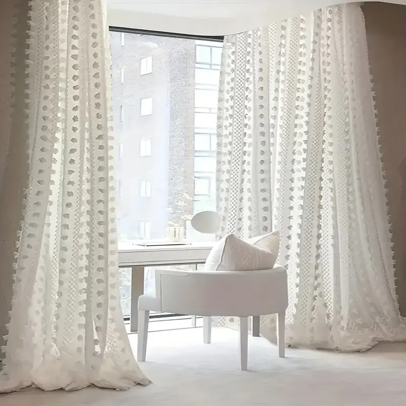 2-Piece Set White Sheer Pom Pom Design Modern Curtains for Windows, Rod Pocket Top Window Drapes, 63/84/95/108in Length for Living Room Bedroom Interior Decoration Accessories, Curtain For Windows